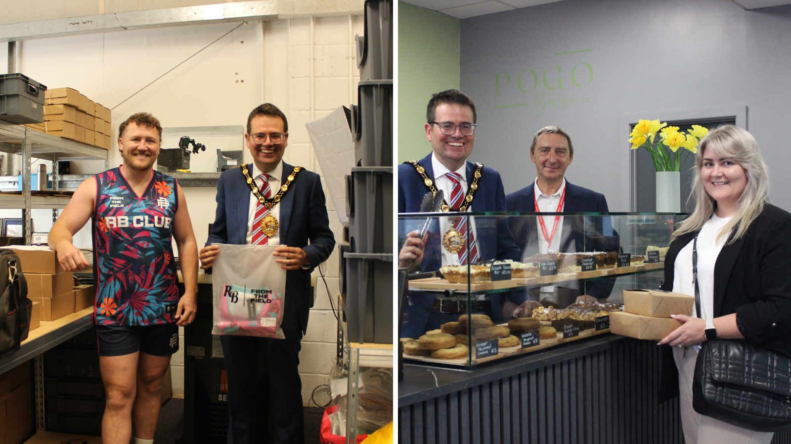 (L-R) Jack Wiles, owner of RB Club and Councillor Huw David, Mayor of Bridgend County Borough, at RB Club’s warehouse in Maesteg. (L-R) Councillor Huw David, Mayor of Bridgend County Borough and Councillor John Spanswick, Leader of Bridgend County Borough Council with a customer at PoGo Bakery.