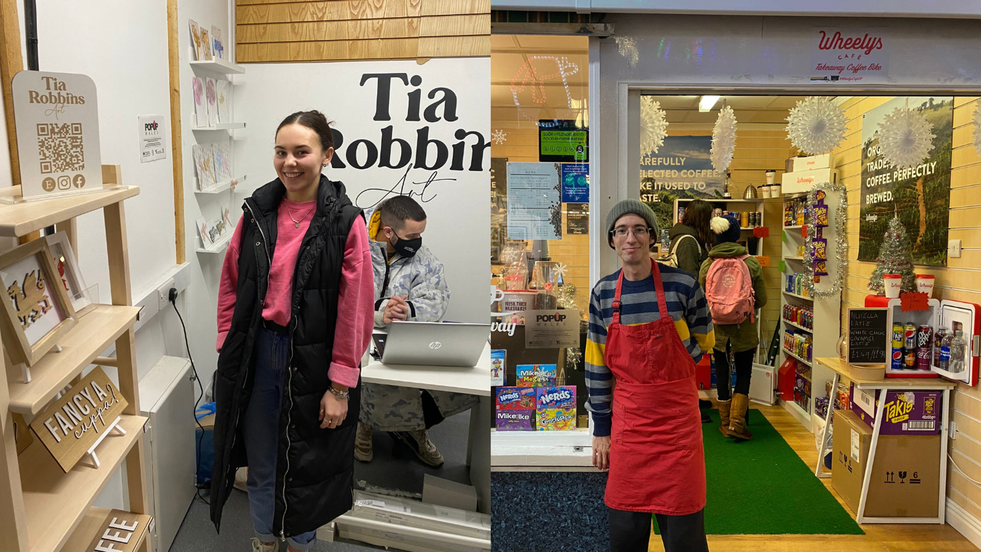 Tia Robbins of Tia Robbins Art and Chris Pritchard of Wheely's Café in their pop-up stalls at Bridgend Indoor Market.