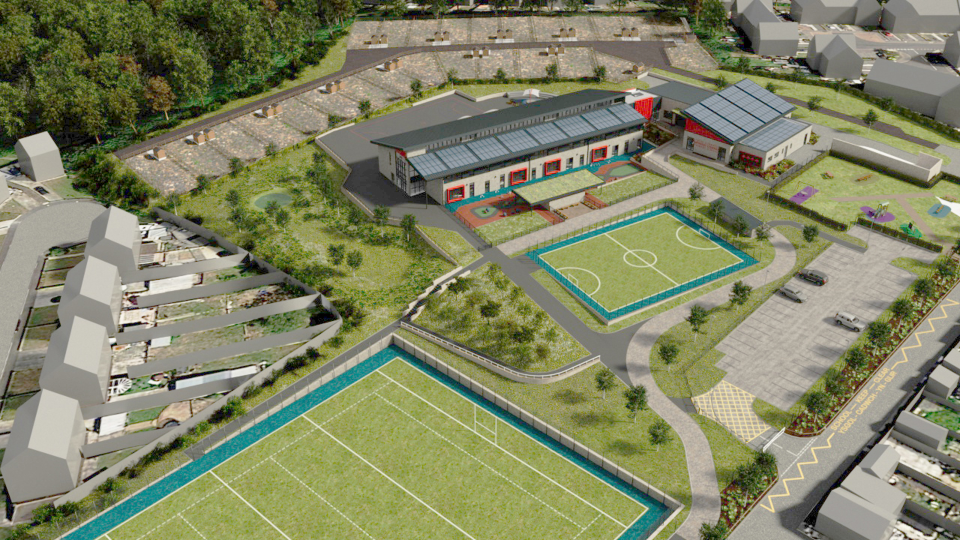 Illustrations revealing the new location and lay-out of the allotment site, and how the plots will continue to be located close to the all-new Mynydd Cynffig primary school.