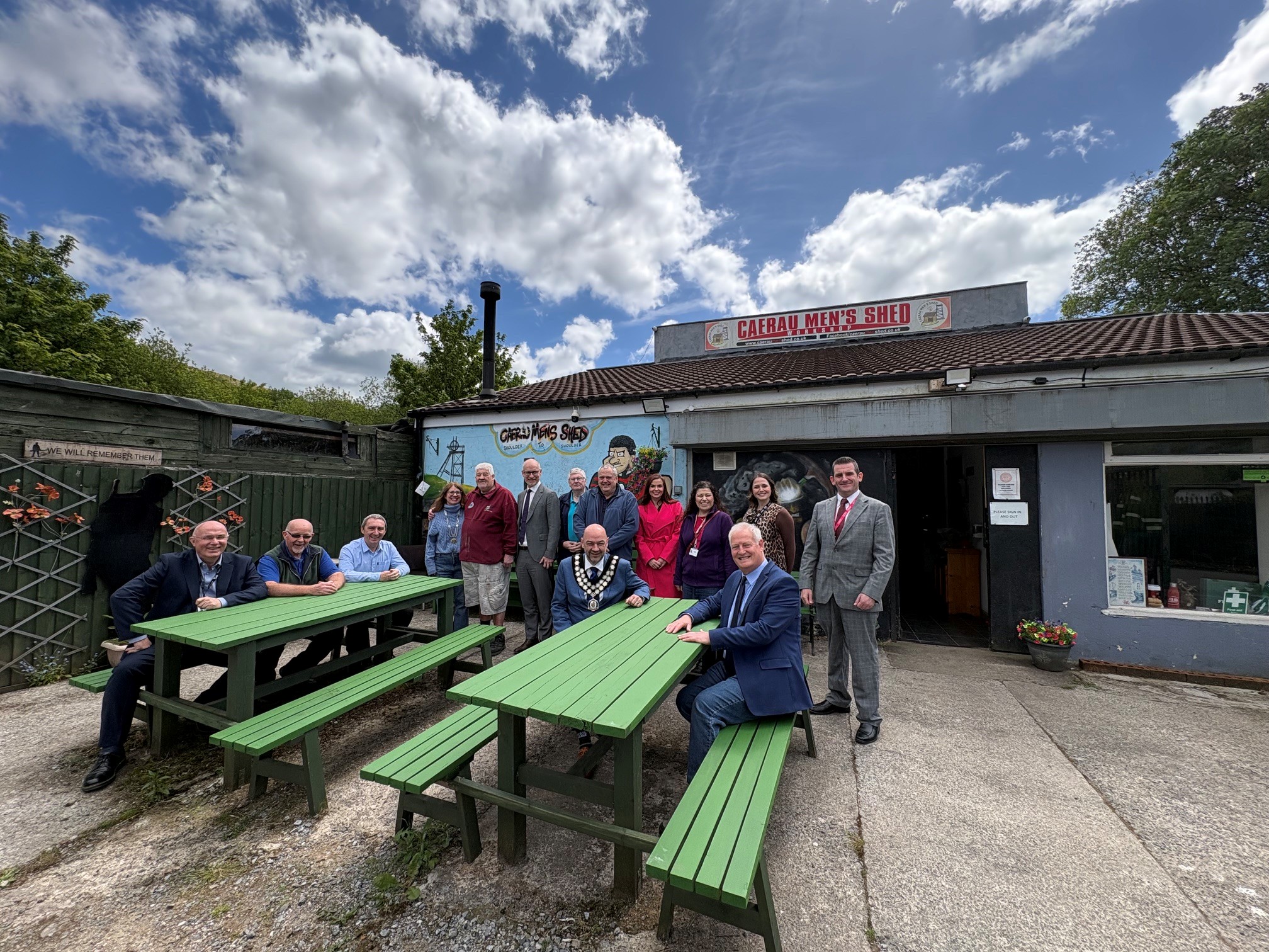 Stephen Kinnock, MP for Aberavon Maesteg, Council Leader, Cllr John Spanswick with Cabinet Members, Cllr Eugene Caparros and Cllr Gary Haines and local councillor, Cllr Chris Davies pictured at a recent visit to Caerau Men’s Shed.