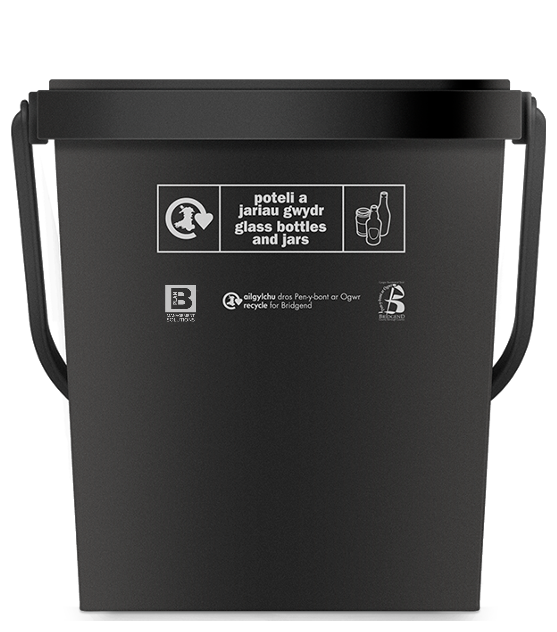 A picture of a black caddy which says ‘glass bottles and jars’, and has our, Kier’s, and “Recycle for Bridgend”’s logos.