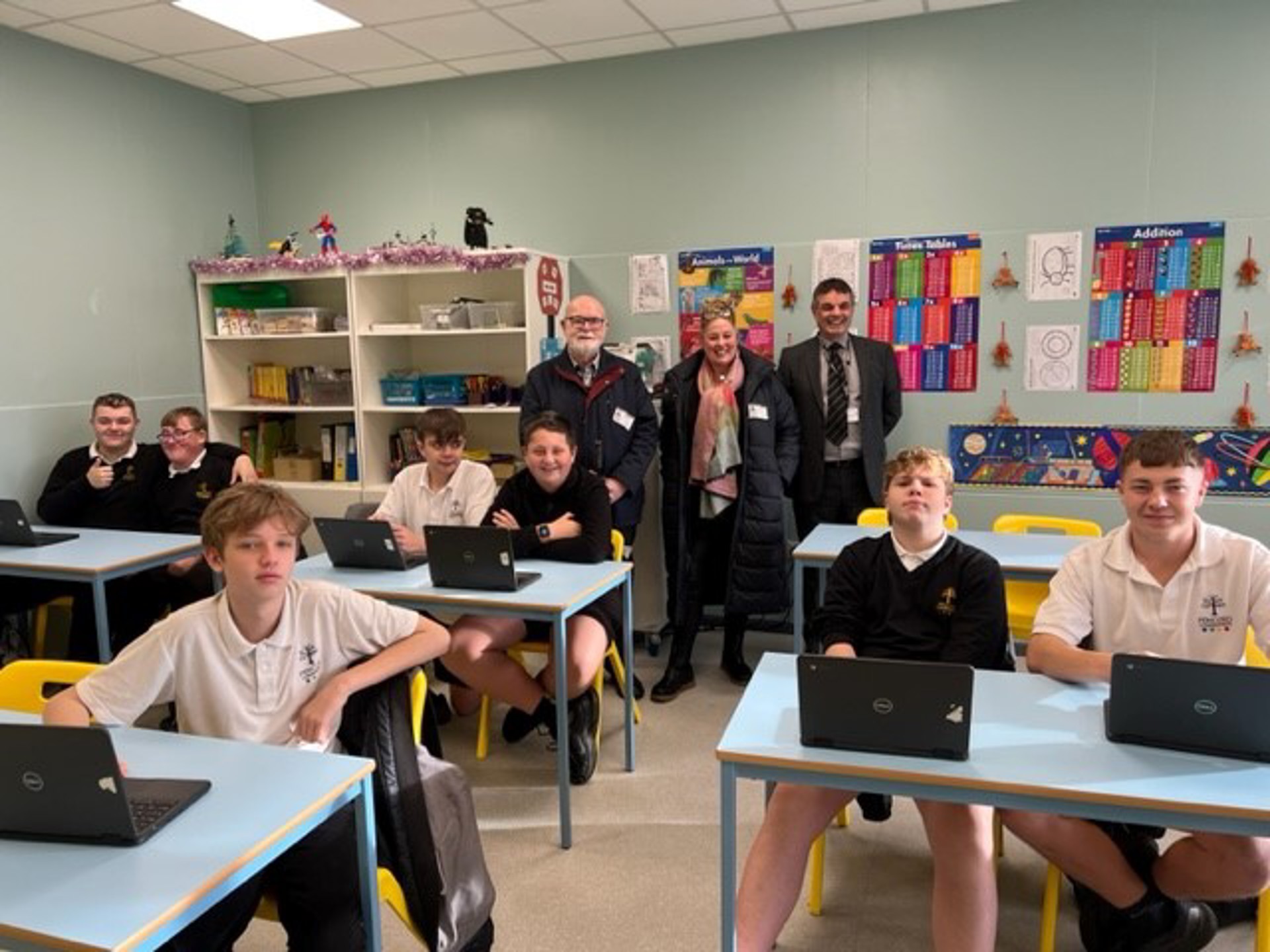 Ty Ewenni learners with Cllr Richard Williams, Cllr Melanie Evans and Cllr Martyn Jones