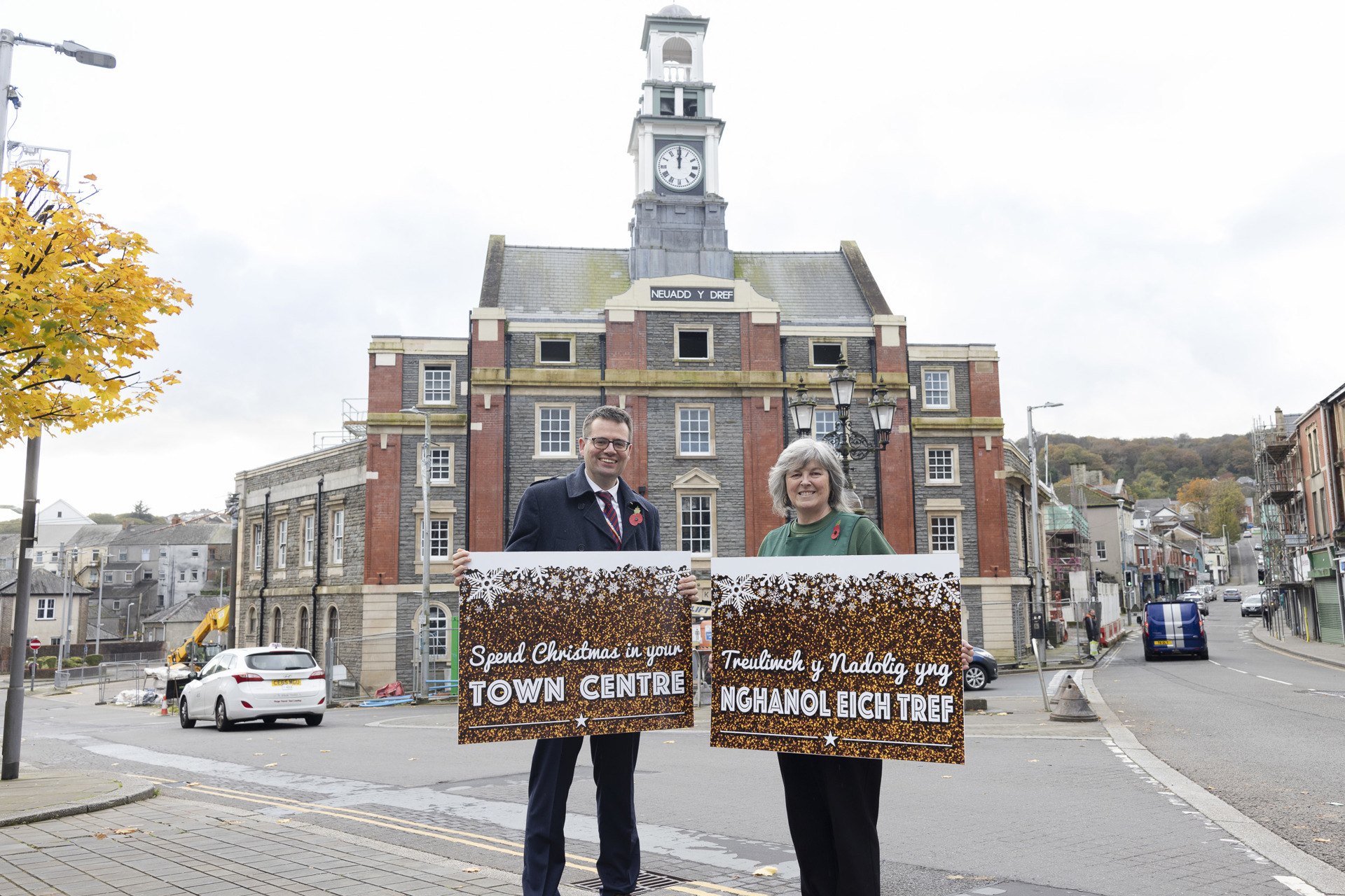 Council Leader Huw David with Hayley Morgan, new owner of Go Bananas, Maesteg outside Maesteg Town Hall