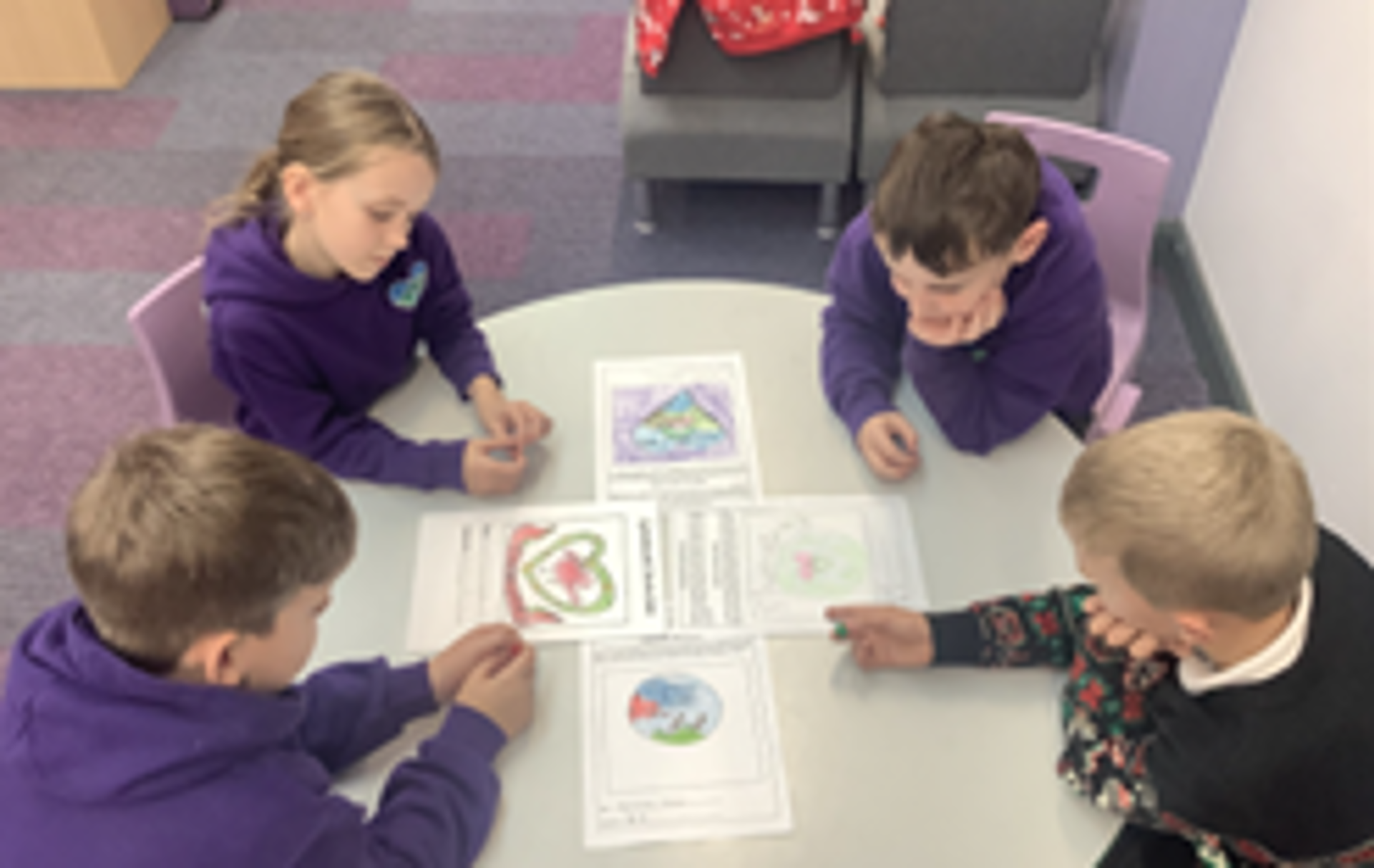 Learners discussing the design of the Siarter Iaith logo