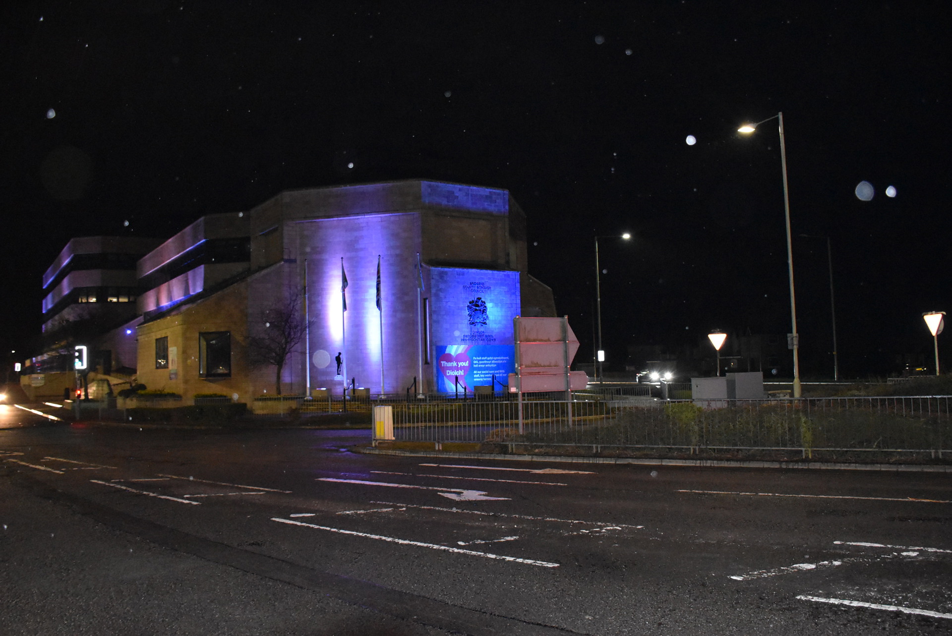 Civic Offices lit blue. 