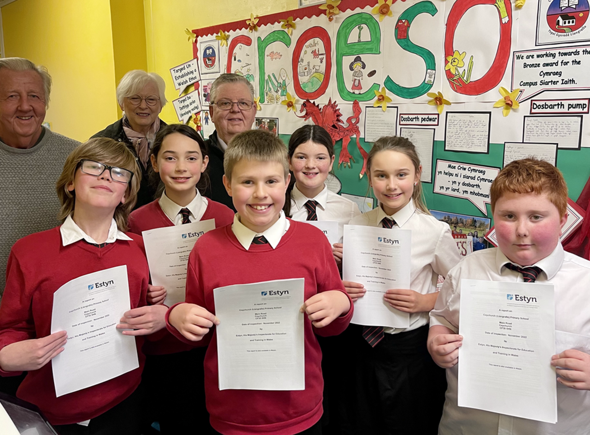 Coychurch pupils pose with Estyn report