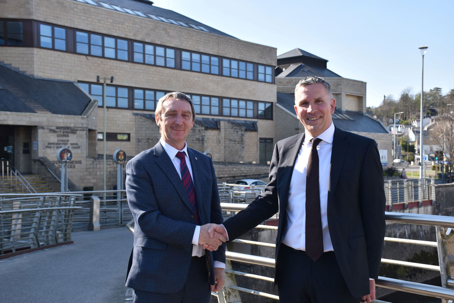 Council Leader John Spanswick welcomes Jake Morgan, the newly appointed chief executive of Bridgend County Borough Council.