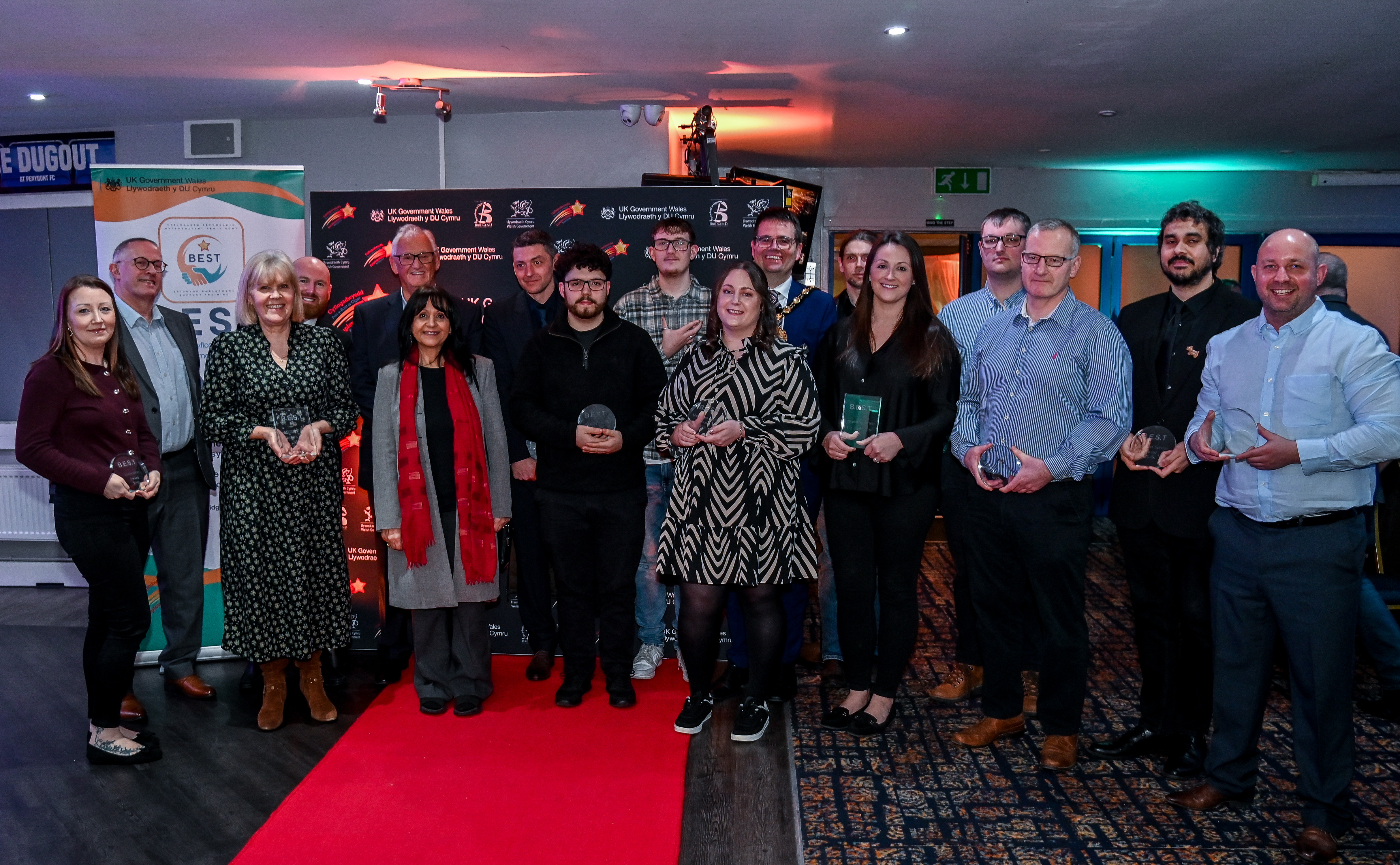 The winners at the BEST Awards ceremony with the Mayor of Bridgend County Borough, Councillor Huw David and Cabinet Member for Regeneration, Economic Development and Housing, Councillor Neelo Farr.
